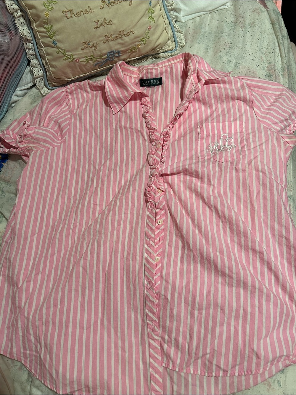 Ralph Lauren Pink & White Striped Ruffle-Trim Button Shirt